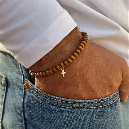 Wooden Bead Cross Bracelet