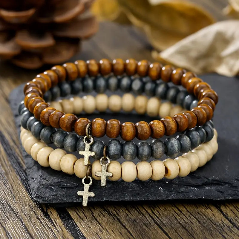 Wooden Bead Cross Bracelet